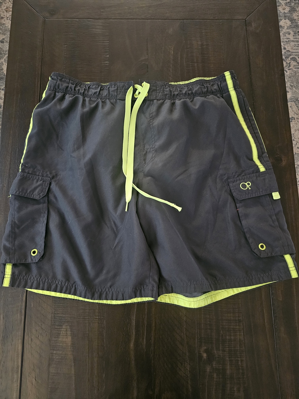 OP Men's Dark Grey Cargo Swim Shorts with Neon Lime Trim